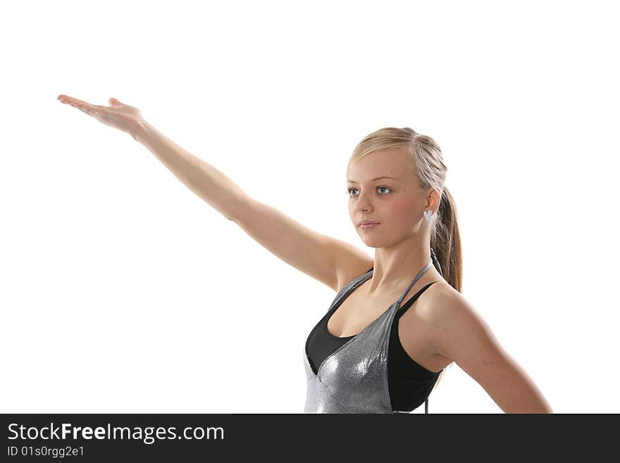 The blonde the girl fine poses on a white background