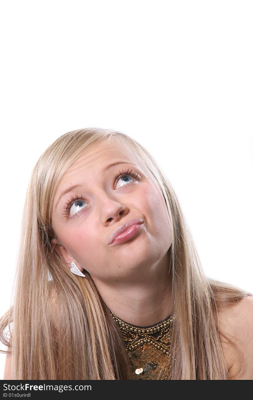 Portrait of the emotional beautiful girl on a white background