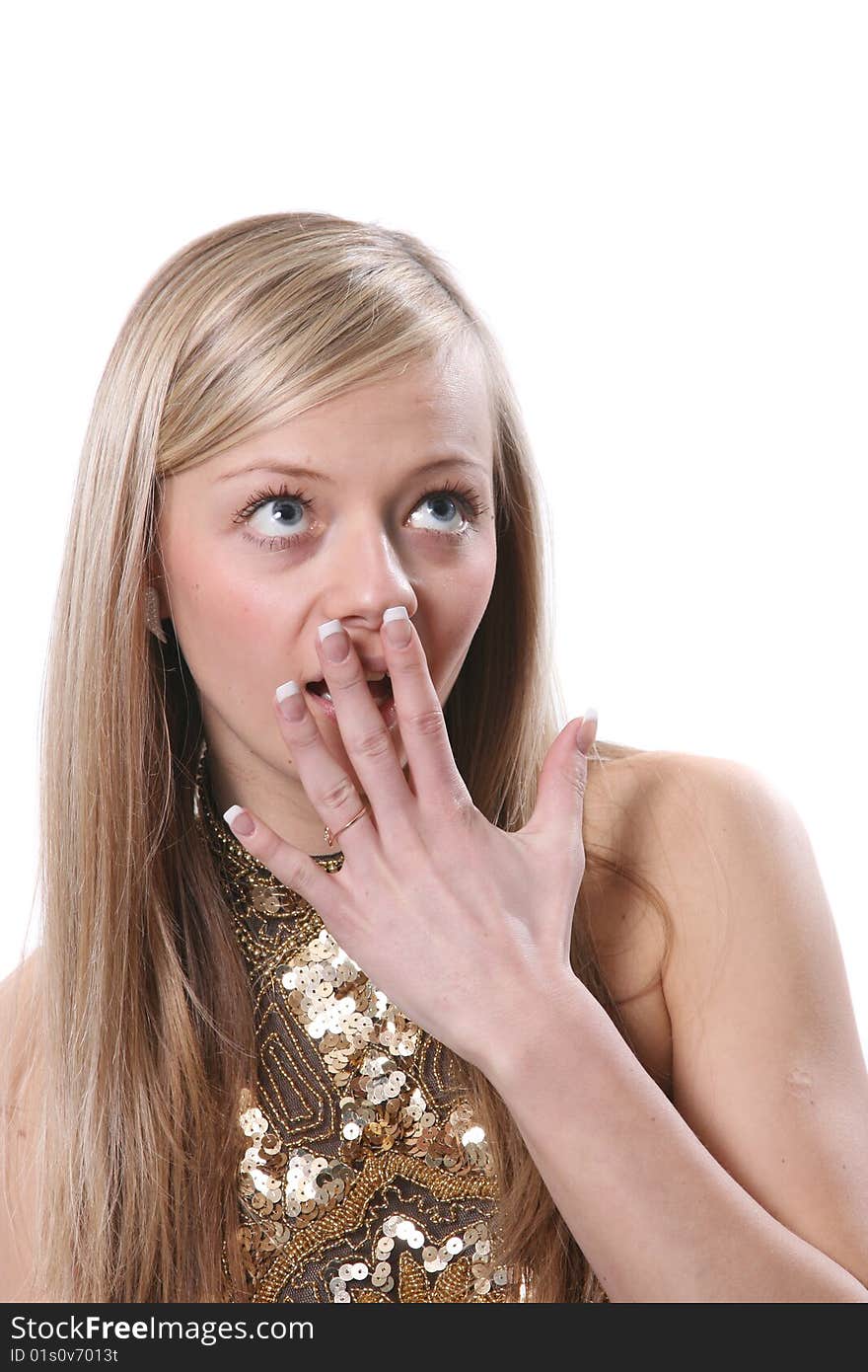 Portrait of the emotional beautiful girl on a white background