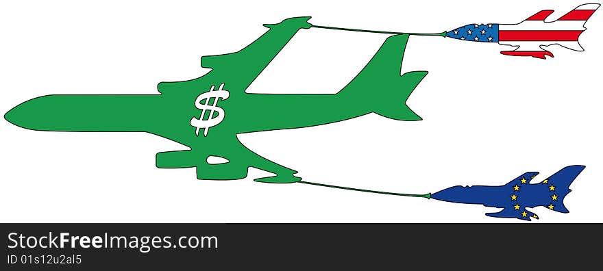 Illustration representing an operation of air refueling of an airplaing, with the flag of USA and Europe and the money symbol. It can metaphorically represent a collaboration between the american with the dollars and the european Euro. Illustration representing an operation of air refueling of an airplaing, with the flag of USA and Europe and the money symbol. It can metaphorically represent a collaboration between the american with the dollars and the european Euro.