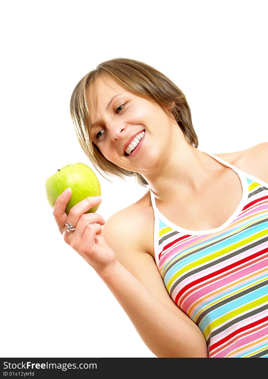 Smiling Cute Girl Holding A Green Apple