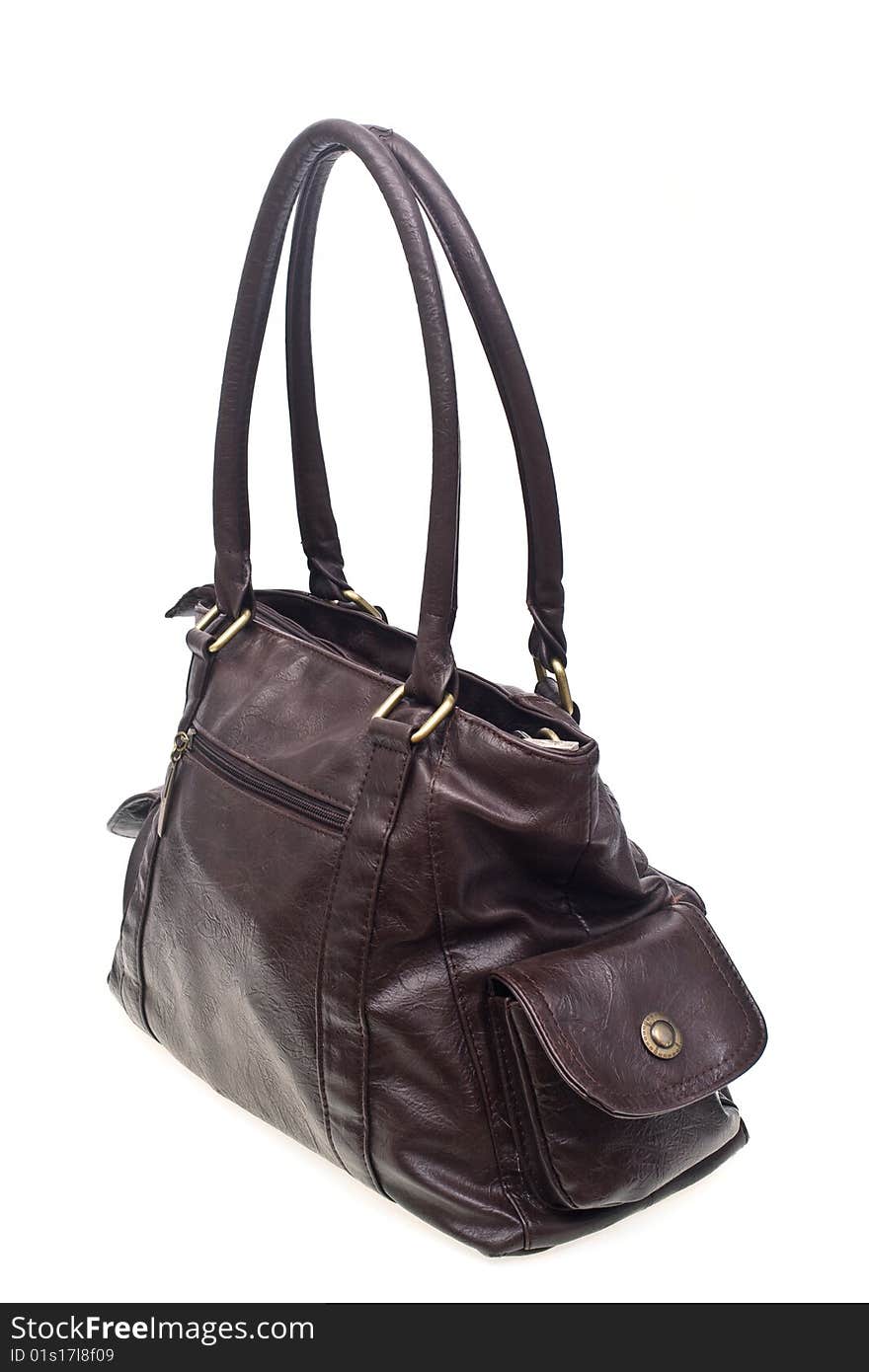 Brown leather bag over white background