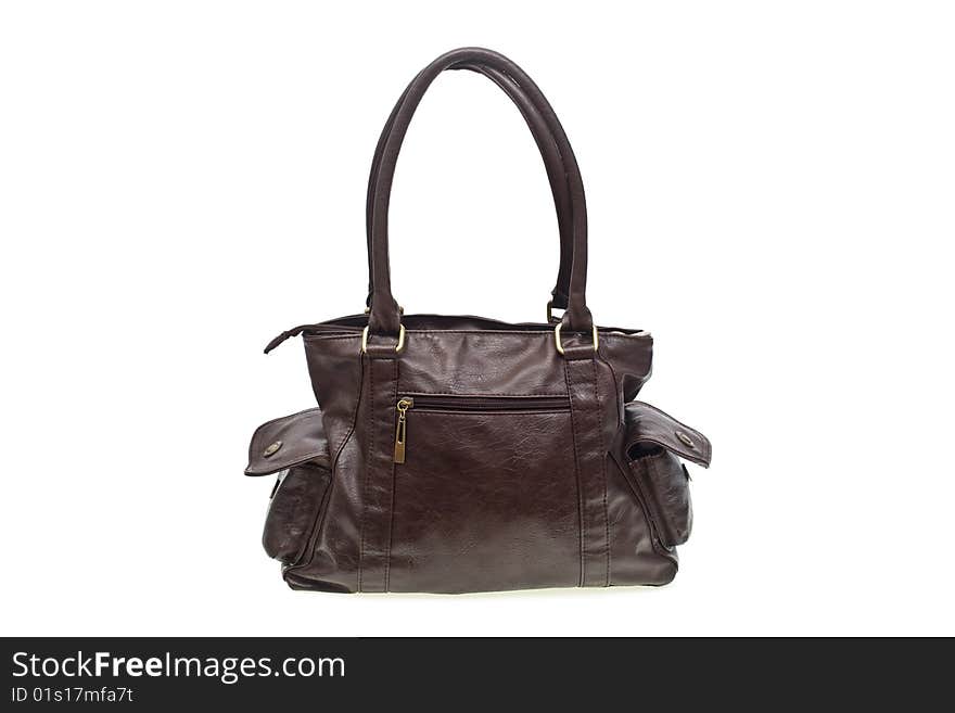 Brown leather bag over white background