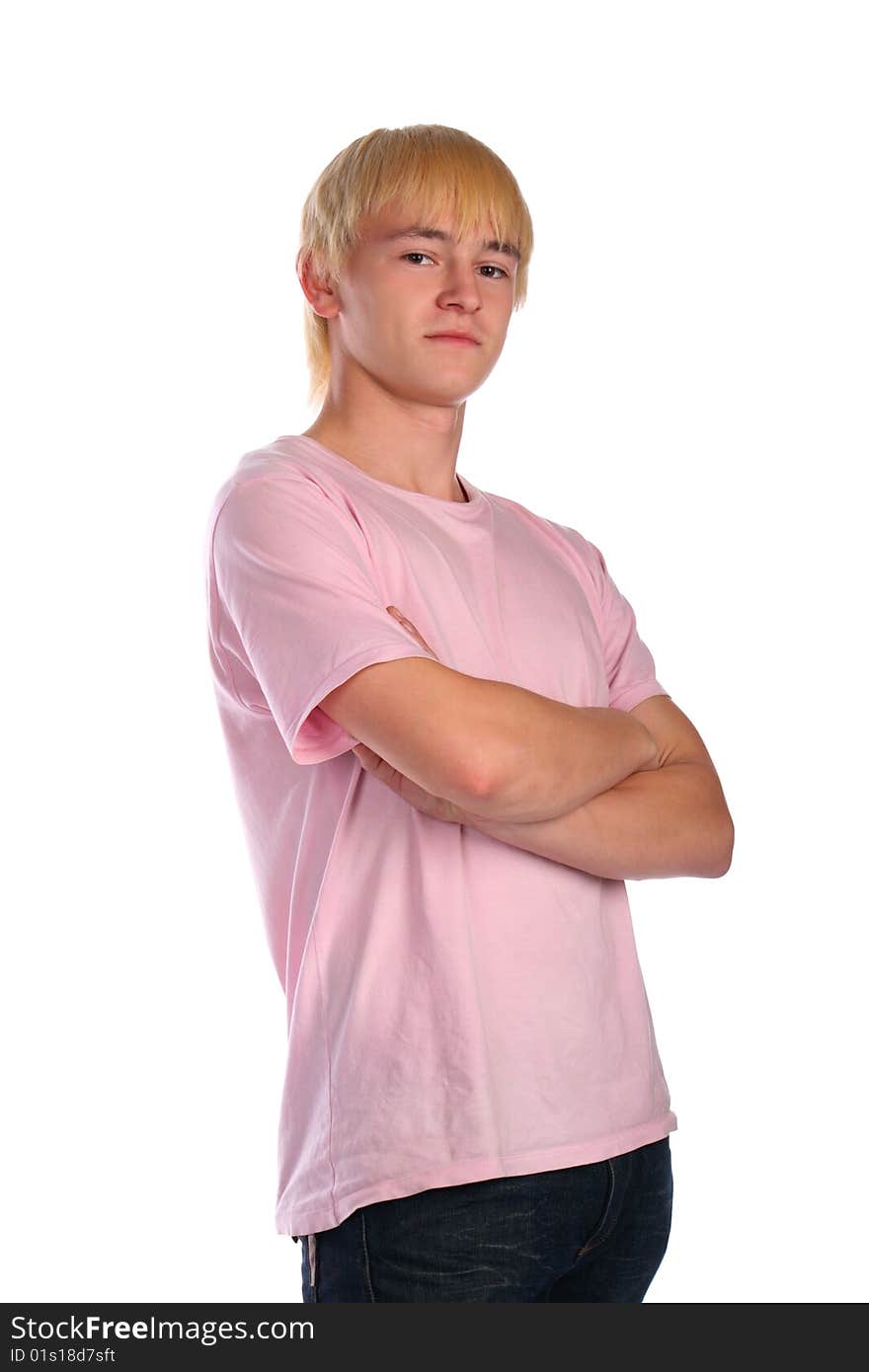 Young man in pink shirt. Isolated