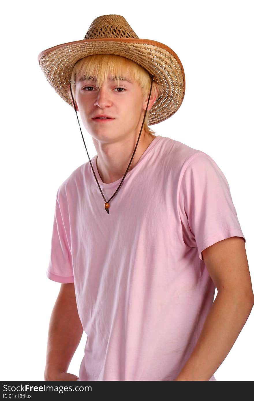 Young man in pink shirt and cowboy hat. Isolated