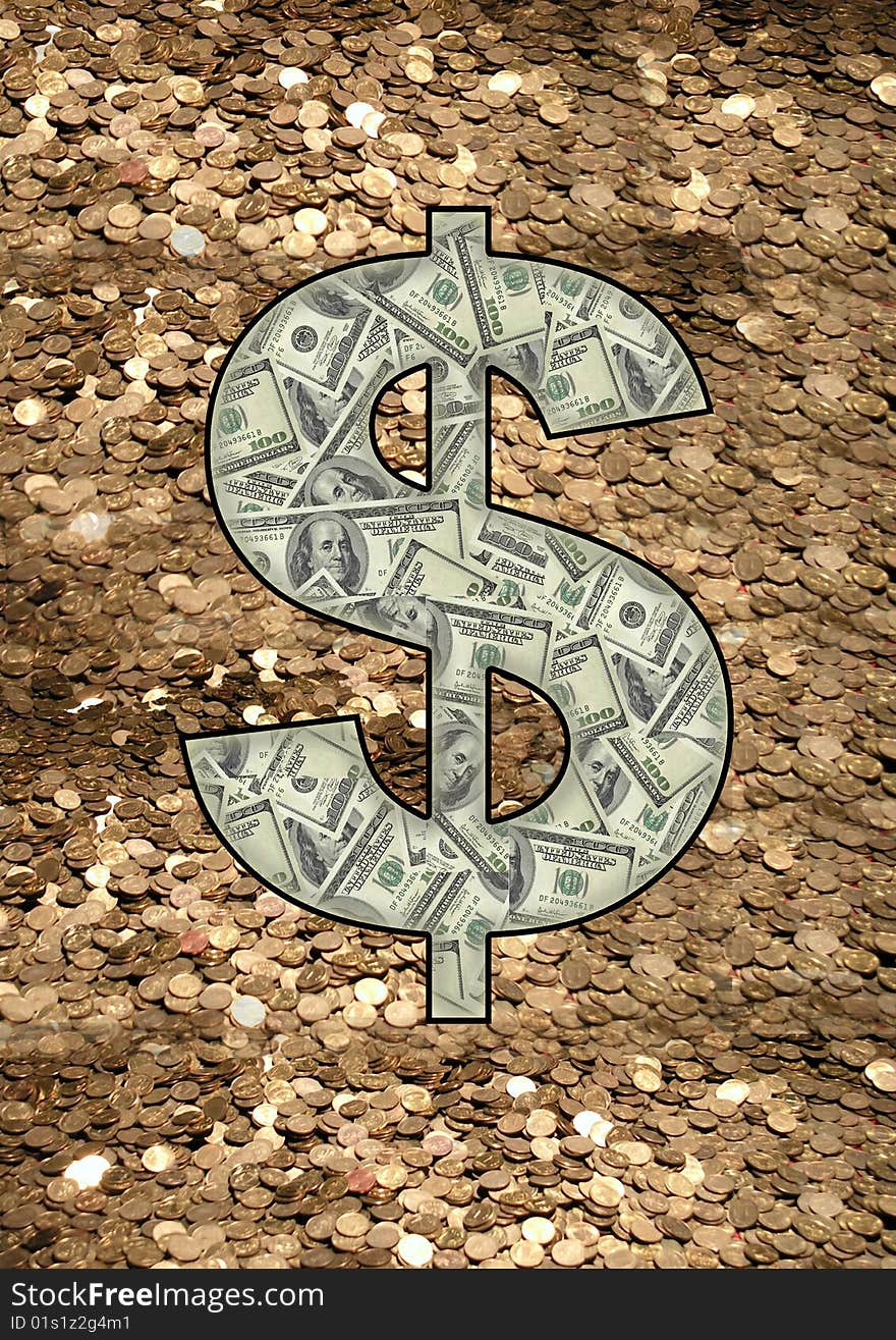 Dollar sign made by 100 dollars with coins background. Dollar sign made by 100 dollars with coins background.