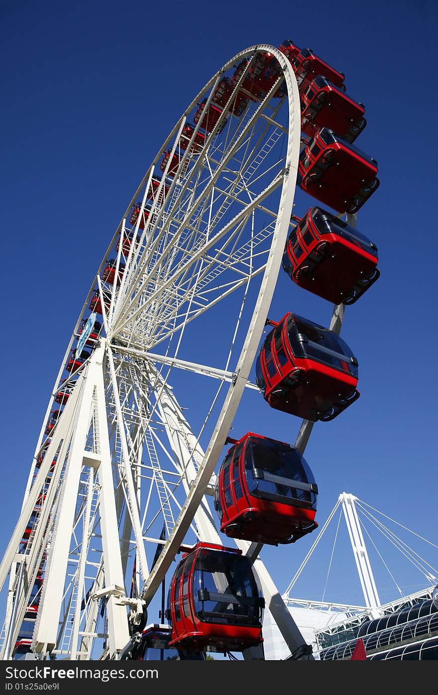 Red Ferris Wheel, Clear Blue Sky, Amusement Park