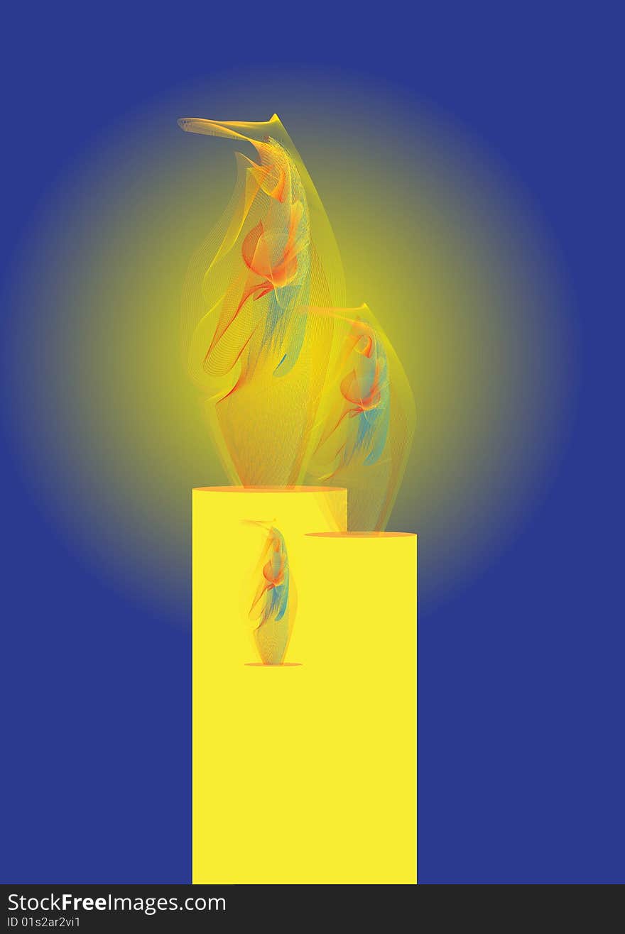 Three burning candles of the yellow color on blue background