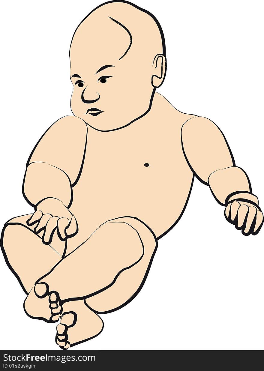 Illustration, small bare child on white background