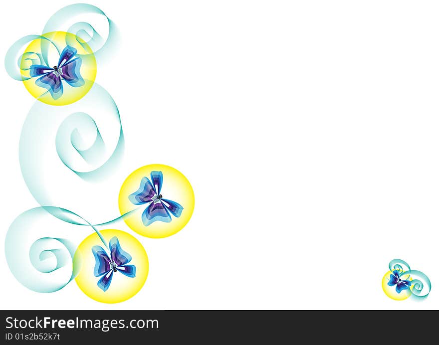 Illustration, white background with butterflys, balls and spirals. Illustration, white background with butterflys, balls and spirals
