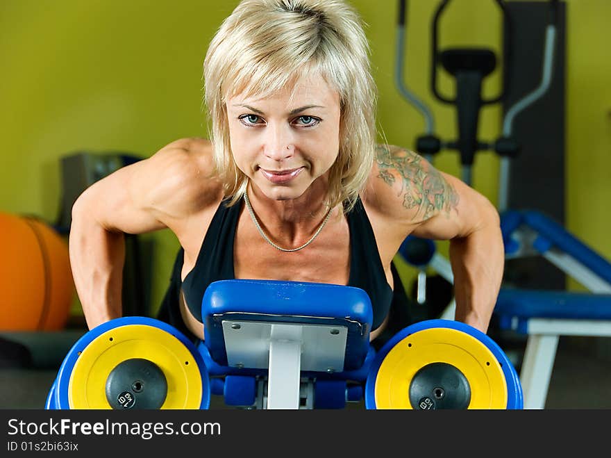 Young woman bodybuilder does exercise with dumbbells. Young woman bodybuilder does exercise with dumbbells