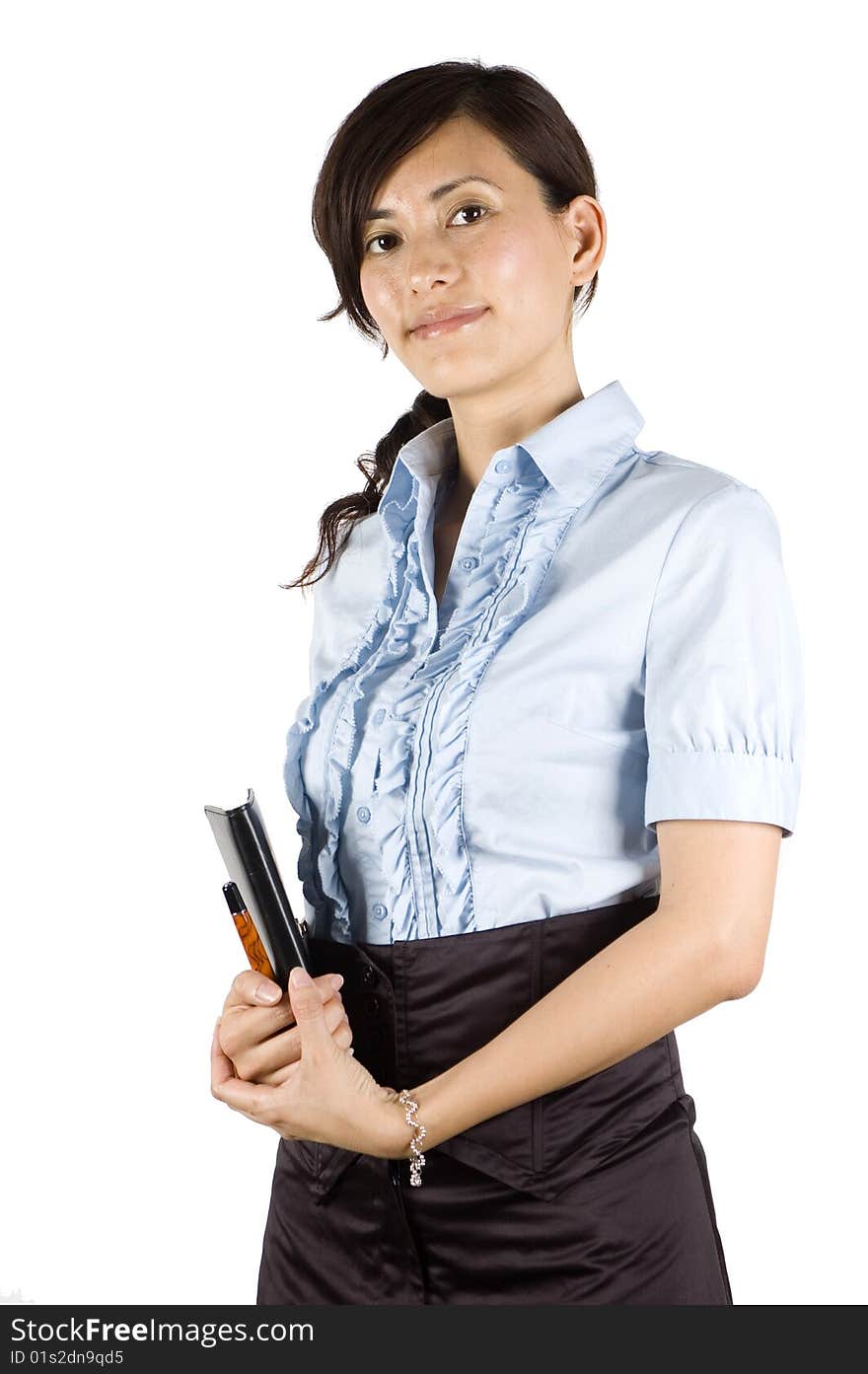 Chinese office lady, elegant clerk. Young Asian girl with kind face expression. Holding pen and notebook, reading and making notes. Chinese office lady, elegant clerk. Young Asian girl with kind face expression. Holding pen and notebook, reading and making notes.