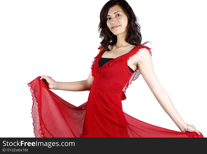 Pretty Chinese girl, female Asian model wearing red skirt, elegant night dress. Pretty Chinese girl, female Asian model wearing red skirt, elegant night dress.