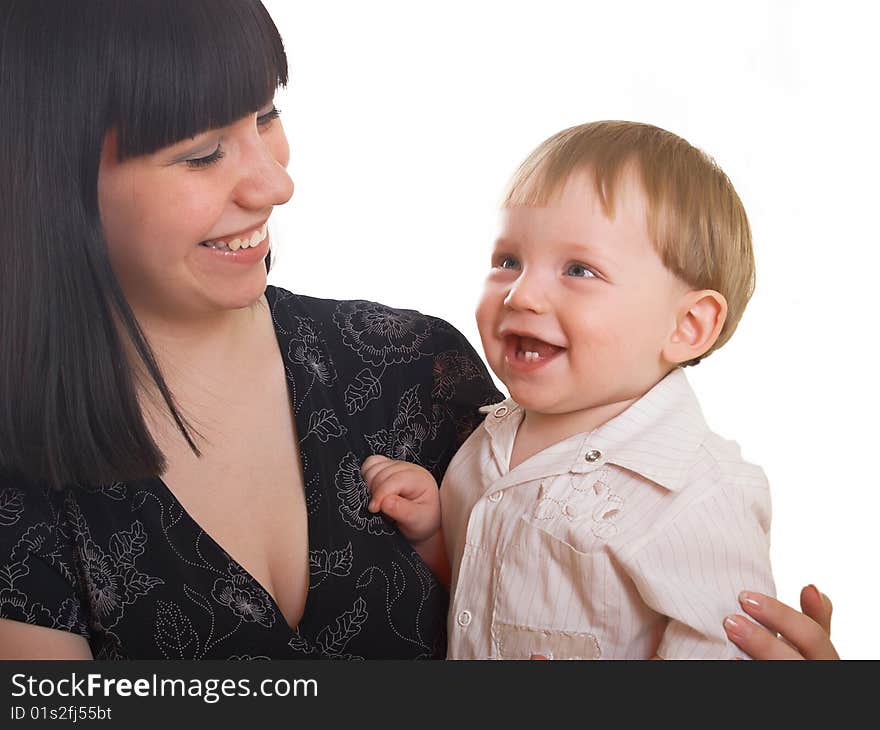 The little boy with mum on the white background. The little boy with mum on the white background