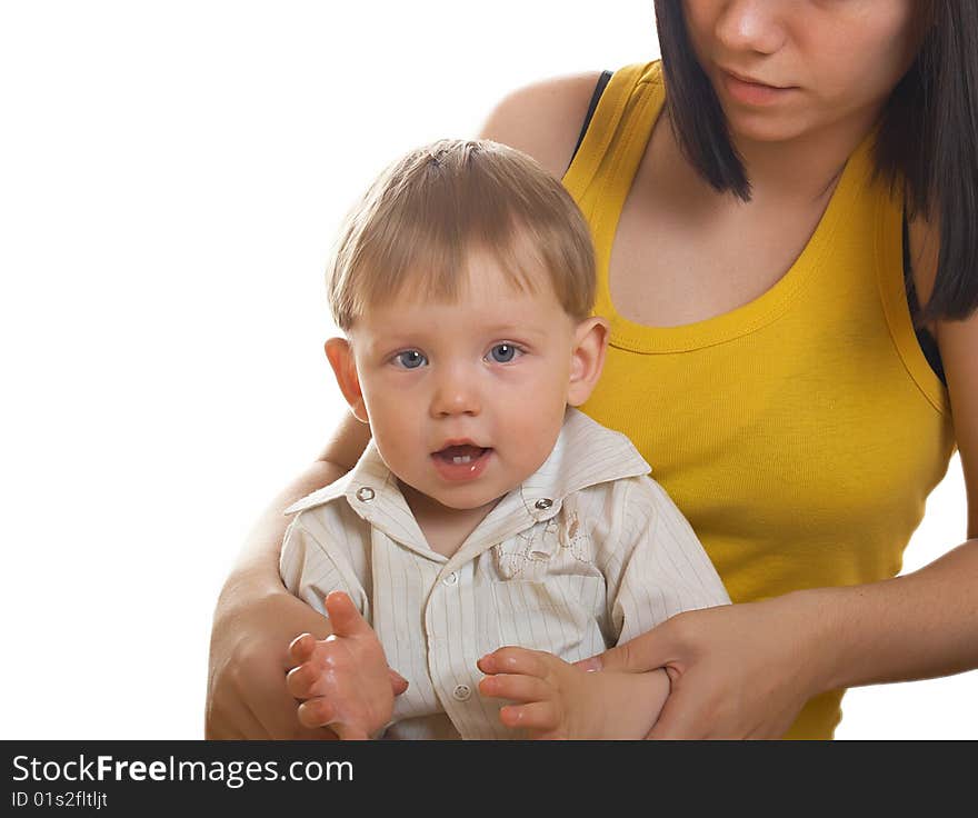 The little boy with mum on the white background. The little boy with mum on the white background