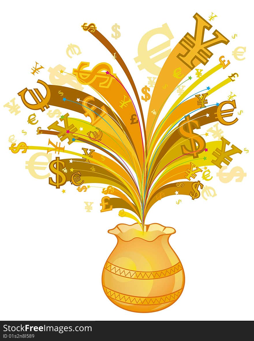 Money symbols break out from vase