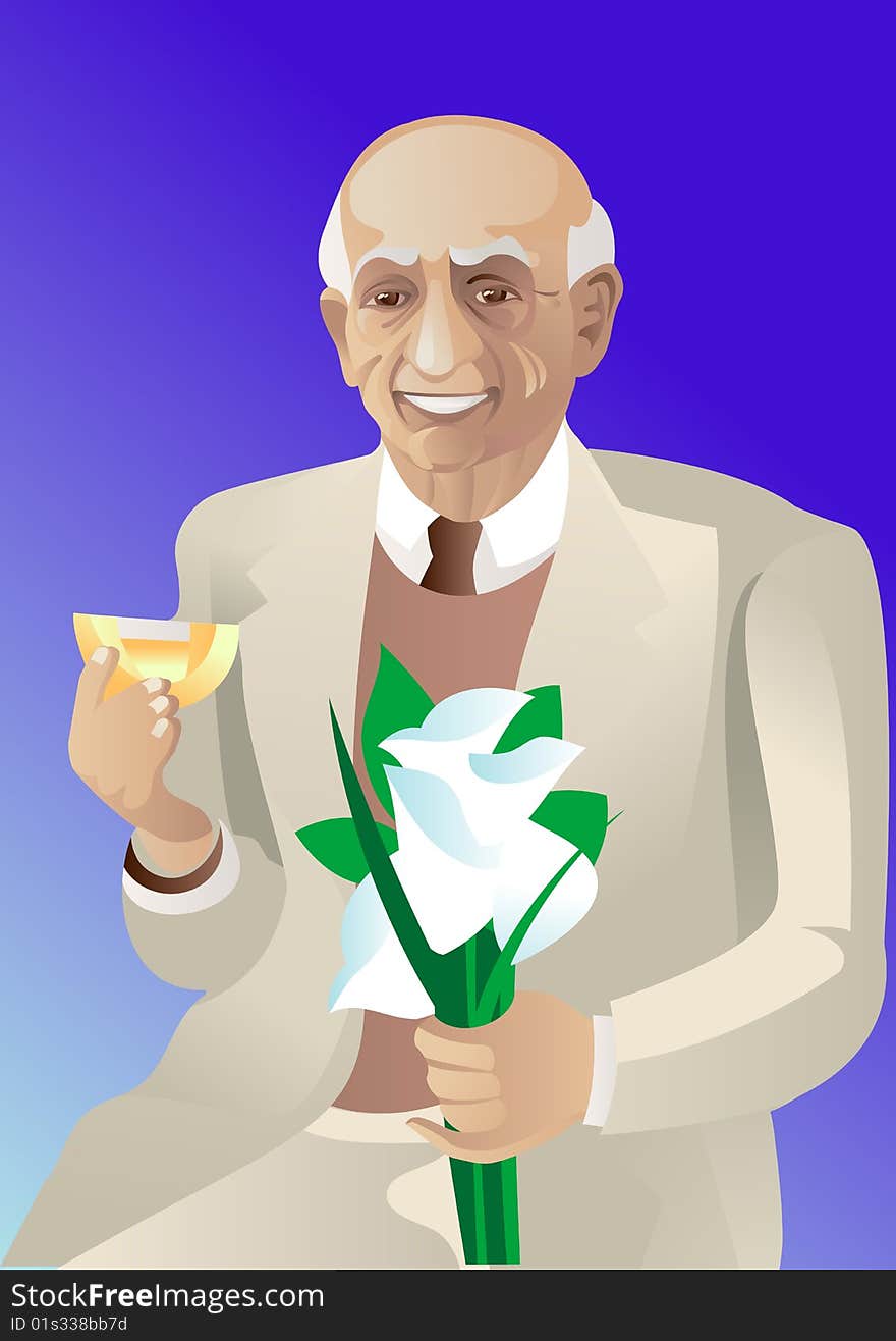 This is the portret of  elderly man walks with bouquet of  white flowers and 
glass of wine in his hands