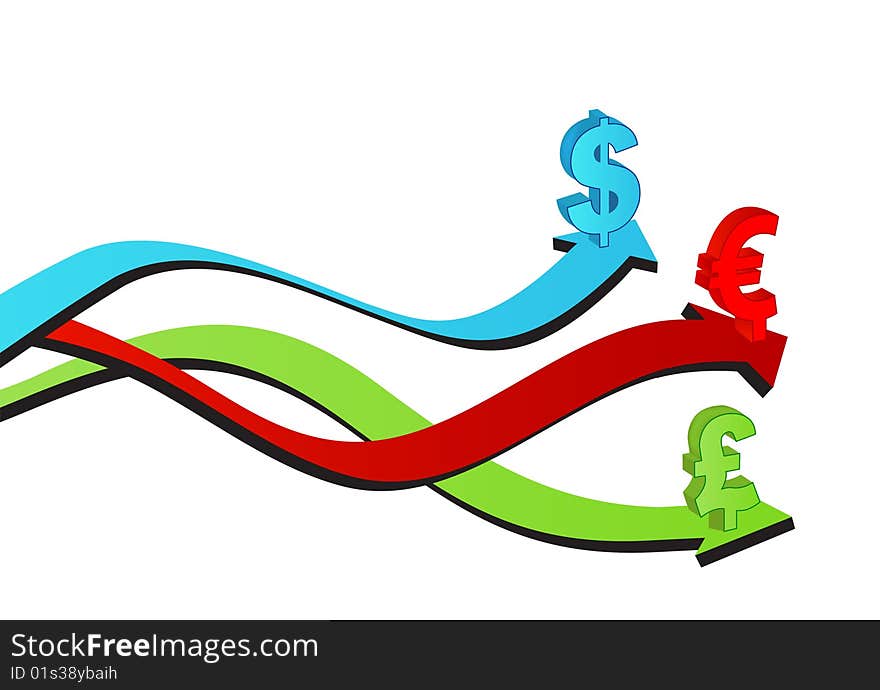 Arrows With Symbol Of Euro, Dollar And Sterling