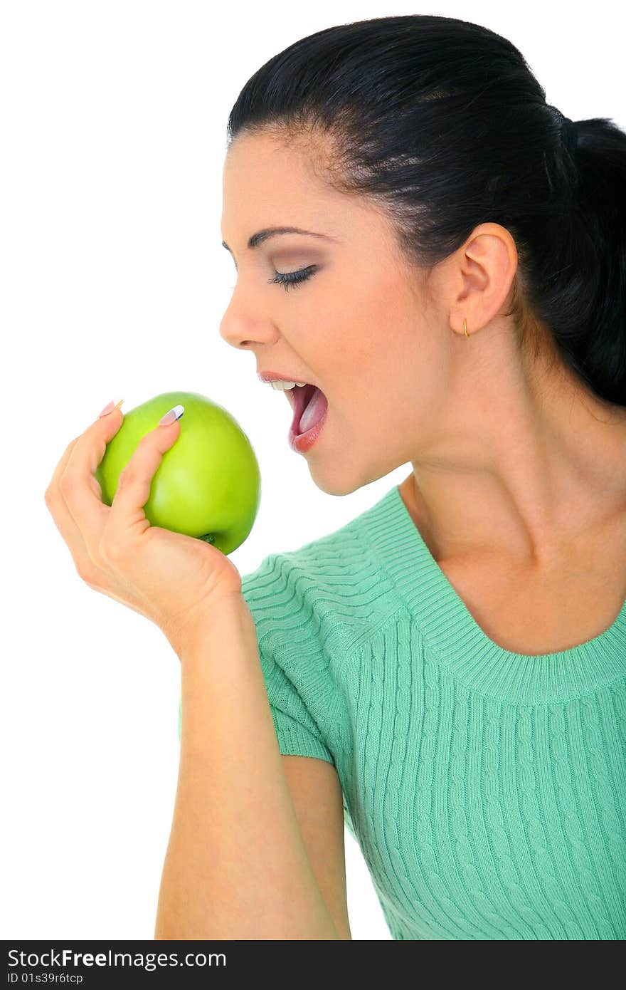 Young attractive woman eating green apple. isolated on white. Young attractive woman eating green apple. isolated on white