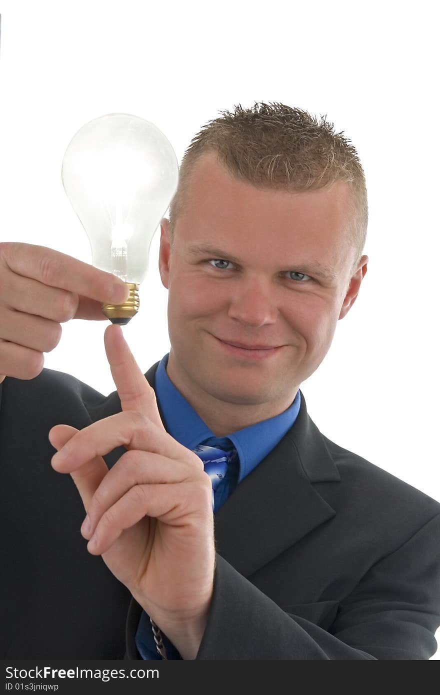 Man to which shining lightbulb  at the hands of.On white background. Man to which shining lightbulb  at the hands of.On white background.