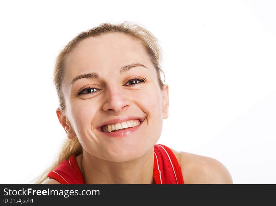 A sporty blonde in red leotard