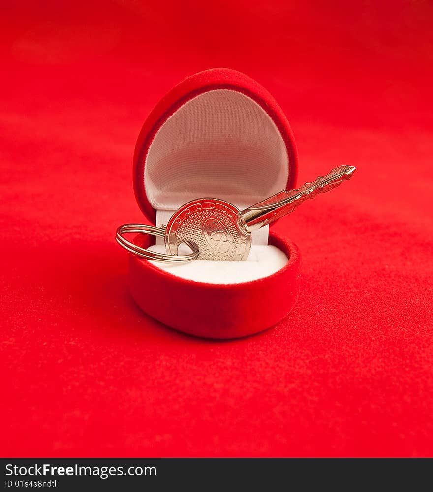 Small silver key in a box on a red background