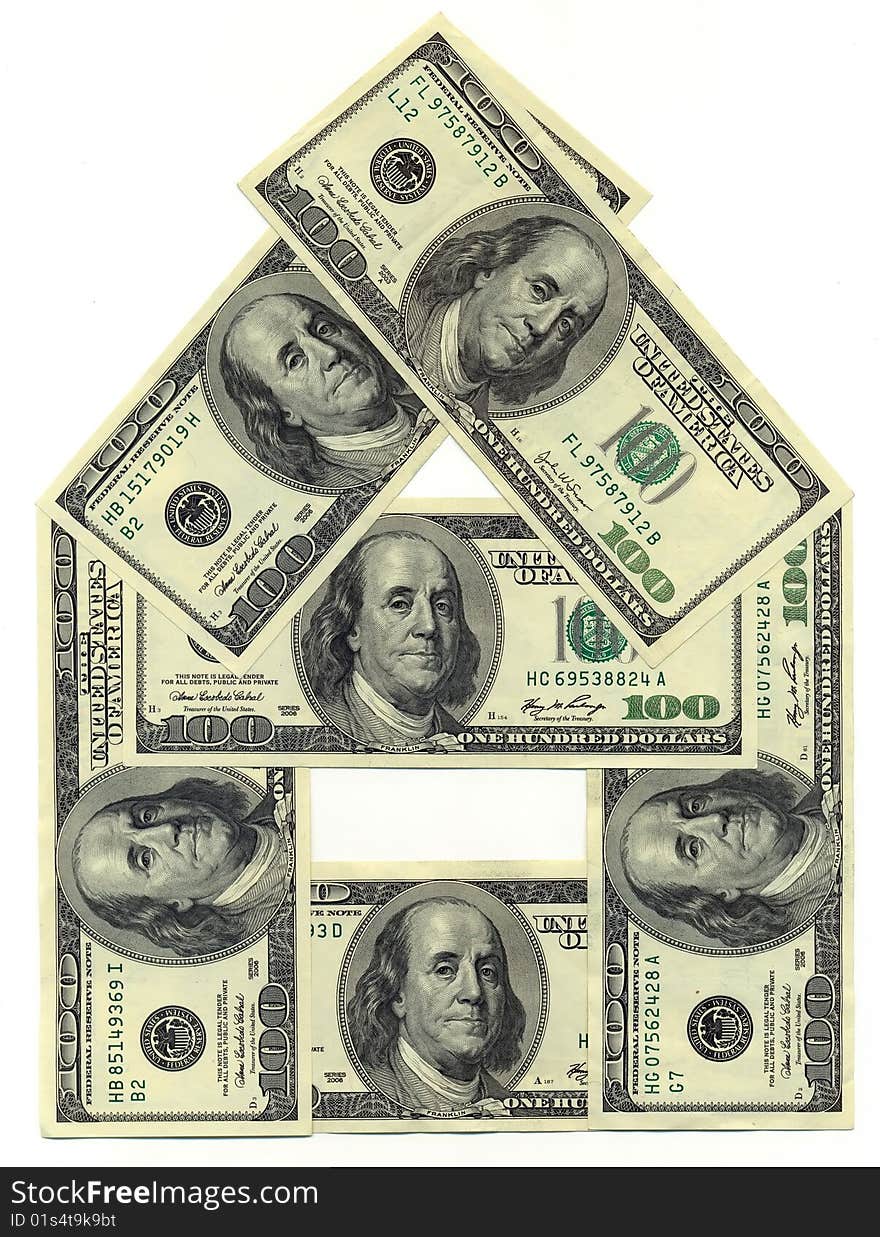 Background of $ 100 bills in the form of figures showing house. Background of $ 100 bills in the form of figures showing house