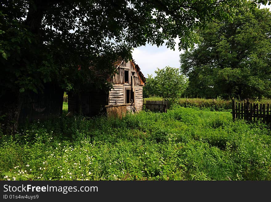 Old hut in country landscape