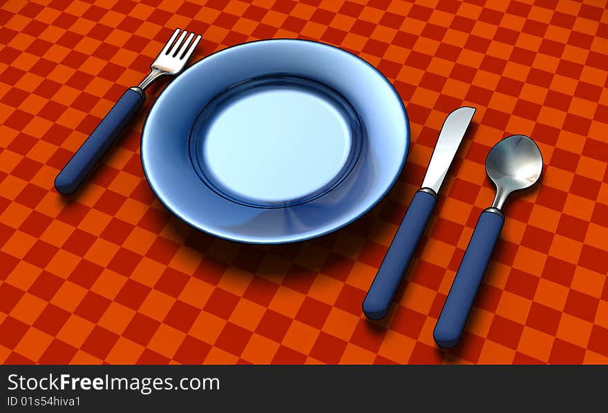 Knife, fork, spoon and plate with table coth - 3d render