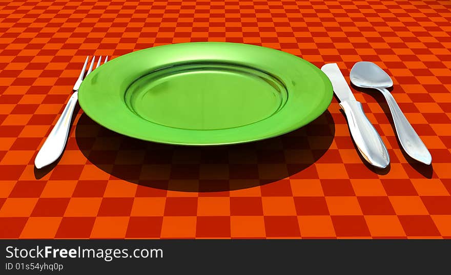 Knife, fork, spoon and plate with table coth - 3d render