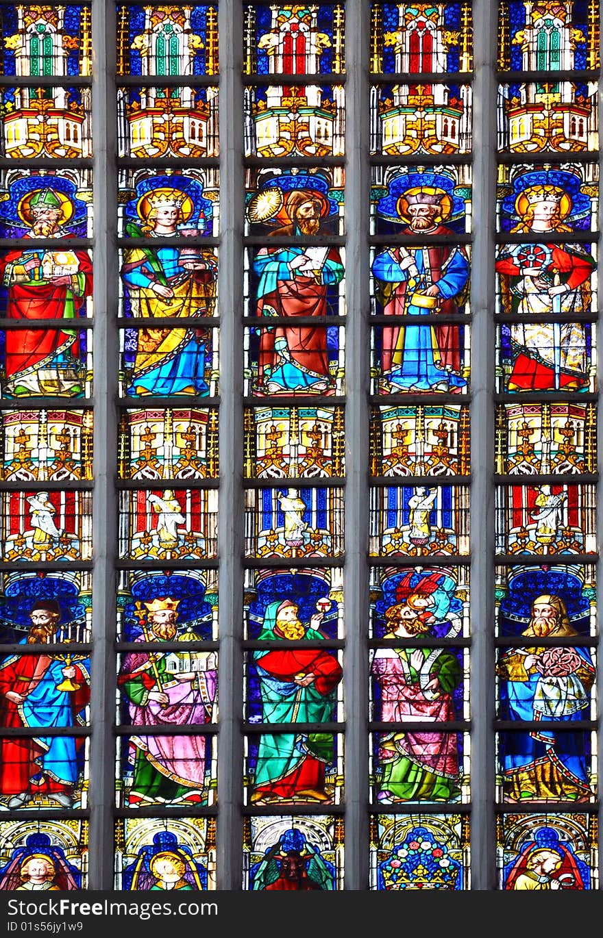 Stained glass window in a old church in Antwerp Belgium