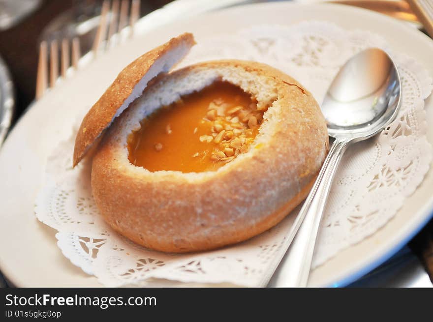 Mushroom Chowder soup in a bread bowl.