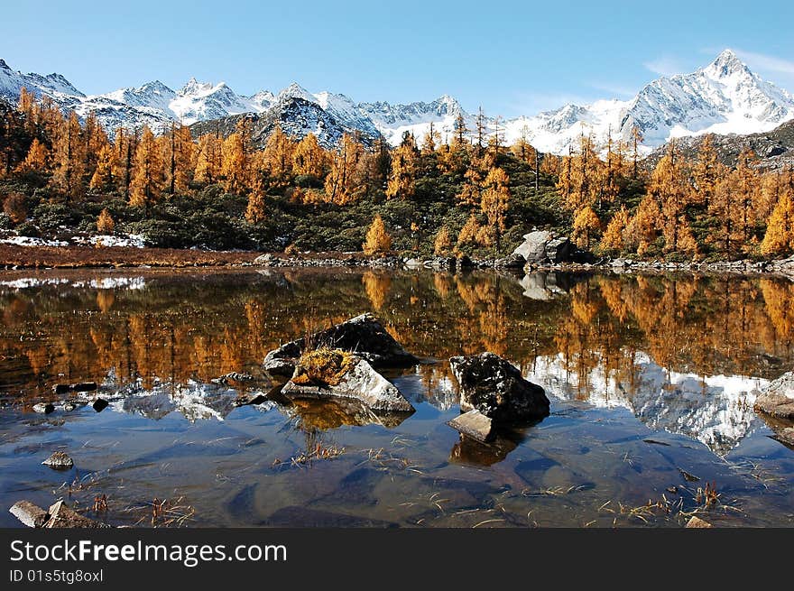 Jokul and with it's reflection in water in tibet. Jokul and with it's reflection in water in tibet