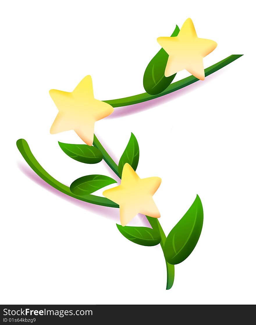 Yellow stars and green leaf on the white background. Yellow stars and green leaf on the white background