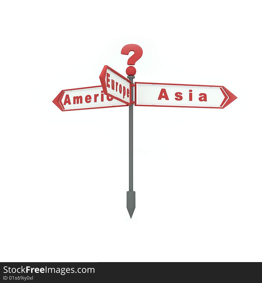 Sign branched intersection, the issue with the choice of direction, made as an isolated object on a white background. Sign branched intersection, the issue with the choice of direction, made as an isolated object on a white background.