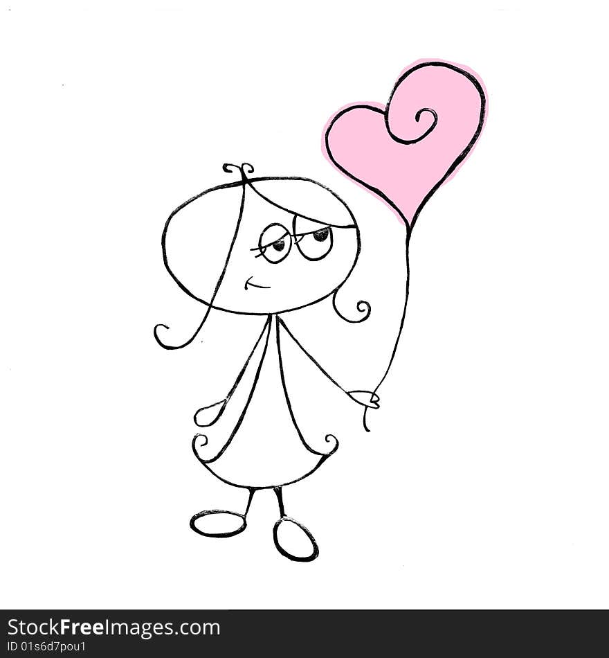 A cartoon girl with a heart-balloon. A cartoon girl with a heart-balloon