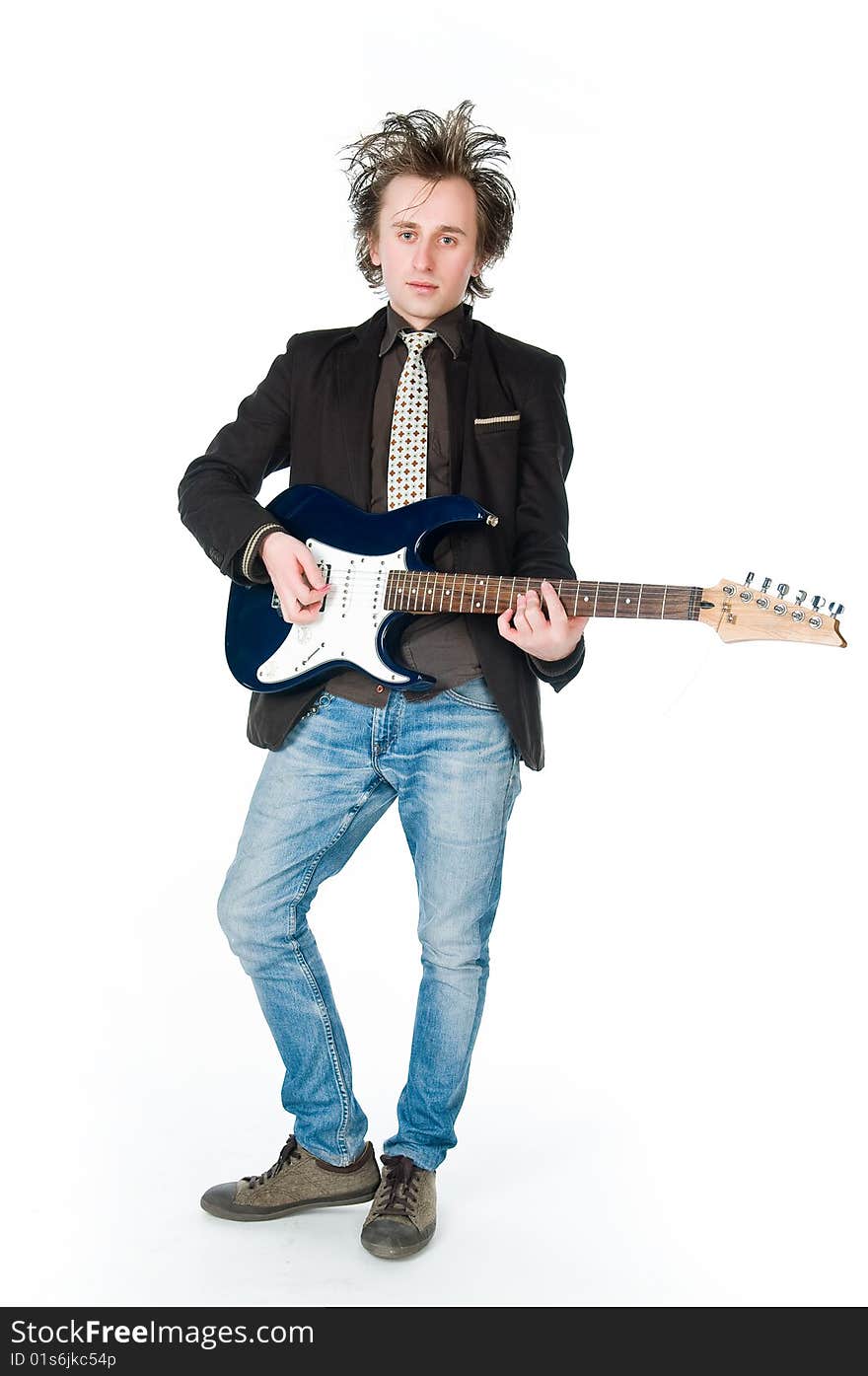 Man playing electro guitar, isolated on white background