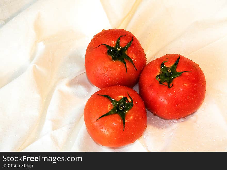 Red and wet tomatoes on white background