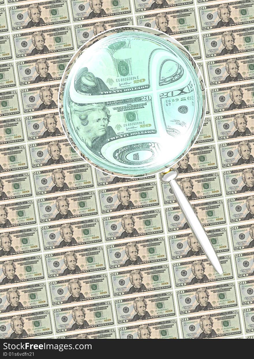 A computer generate image of a magnifying glass taking a close look at the US currency. A computer generate image of a magnifying glass taking a close look at the US currency.