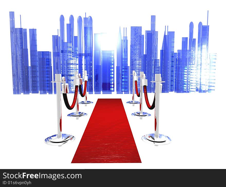 A red carpet with stanchions and isolated on white with an abstract city in the background.