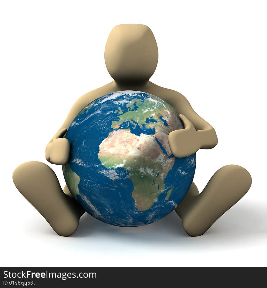 3d Person sitting and hugging a planet. 3d Person sitting and hugging a planet