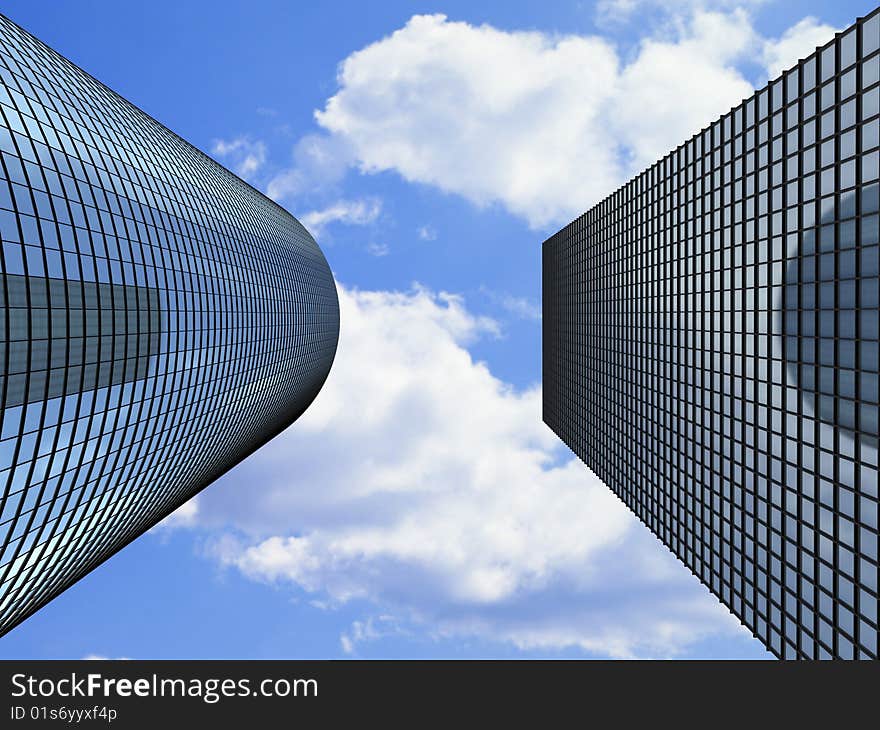 Tall buildings 3d render with clouds in the sky. Tall buildings 3d render with clouds in the sky