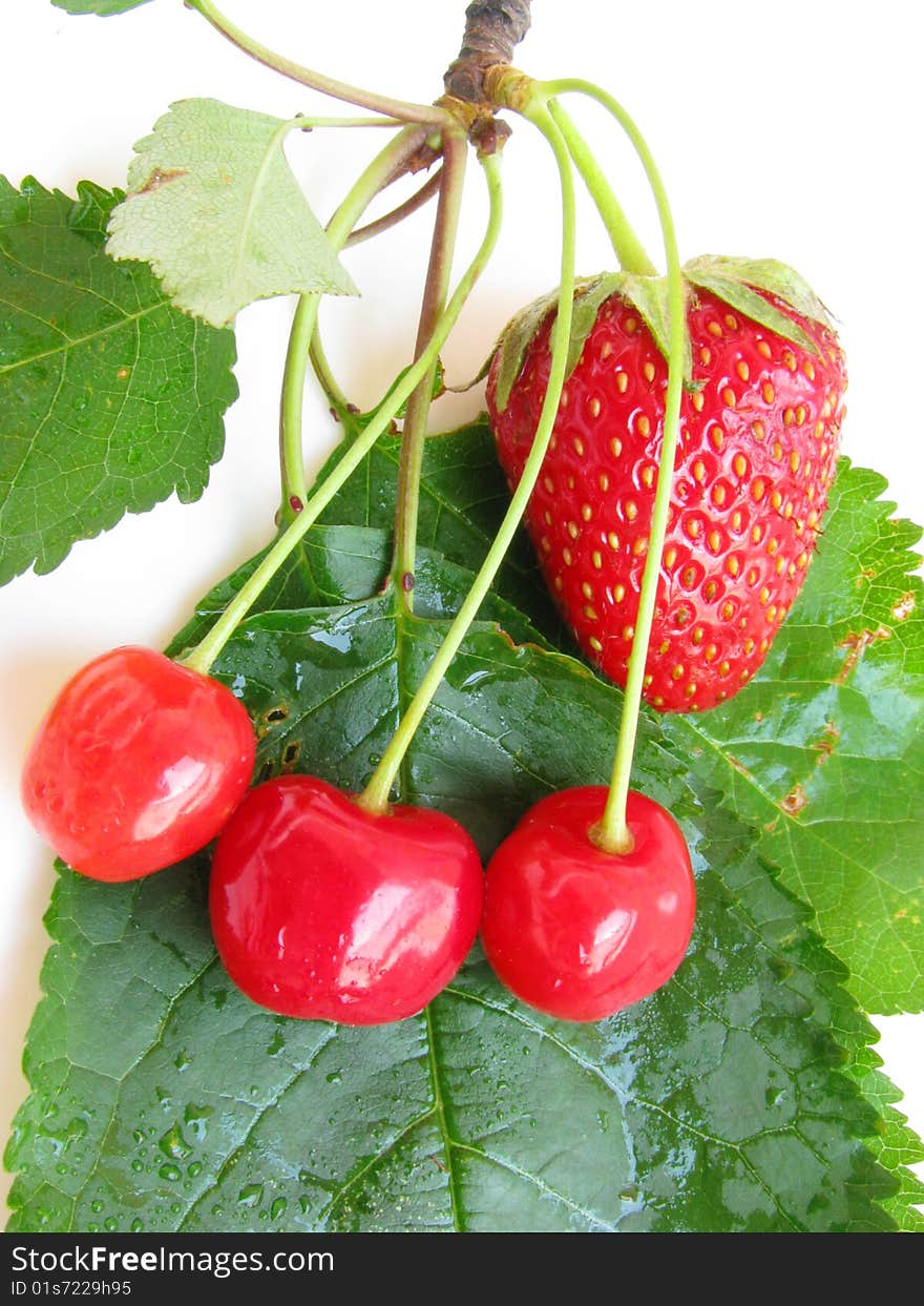 Photo of fresh strawberry and cherries isolated on white background. Photo of fresh strawberry and cherries isolated on white background