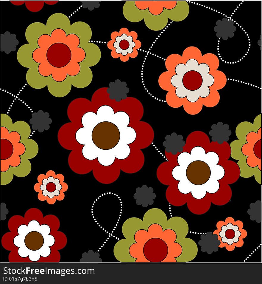 Funny repeat floral sample in color green, red, orange and black. Funny repeat floral sample in color green, red, orange and black