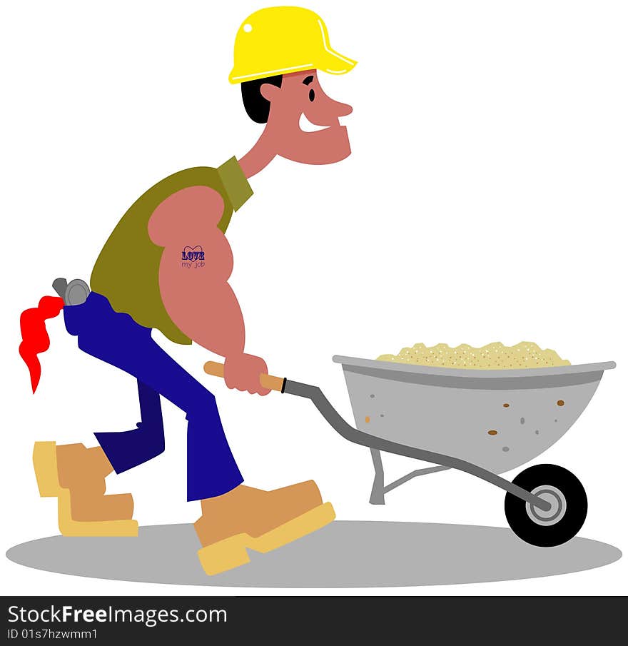 Cartoon construction worker pushing a wheelbarrow of sand