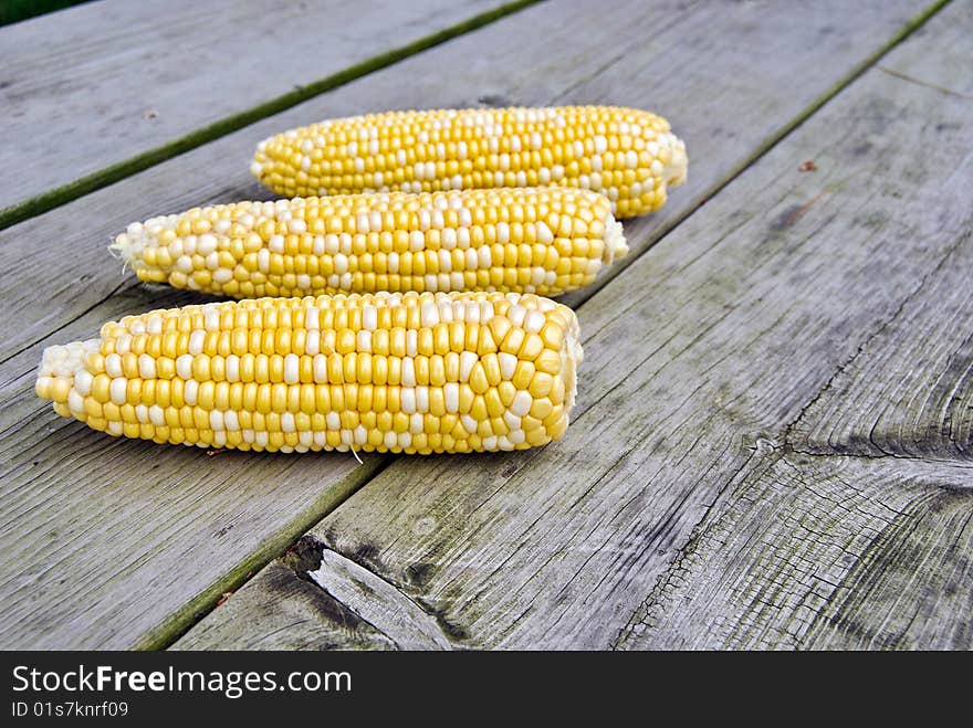 Fresh corn on the cob on a weathered tabletop. Fresh corn on the cob on a weathered tabletop.