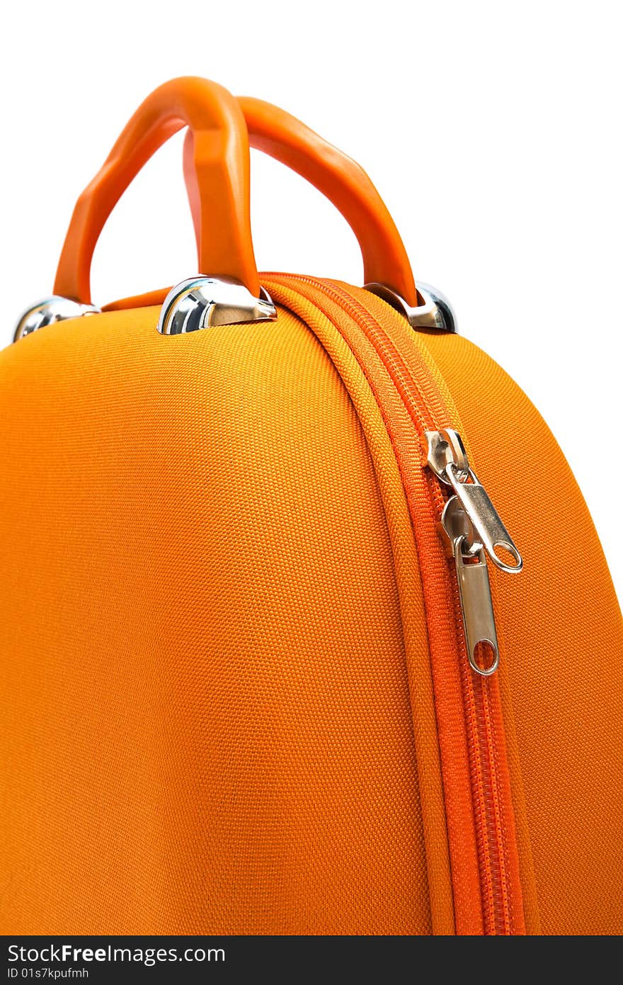 Orange large suitcase on a white background