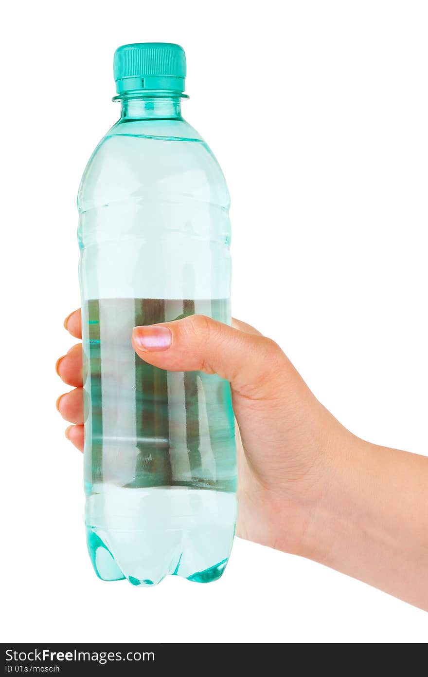 Hand with bottle of water isolated on white background