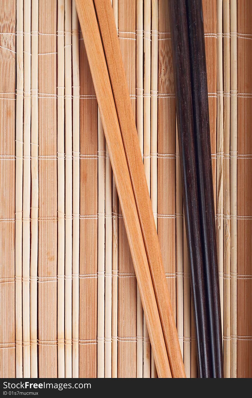 A pair of chopsticks on bamboo mat