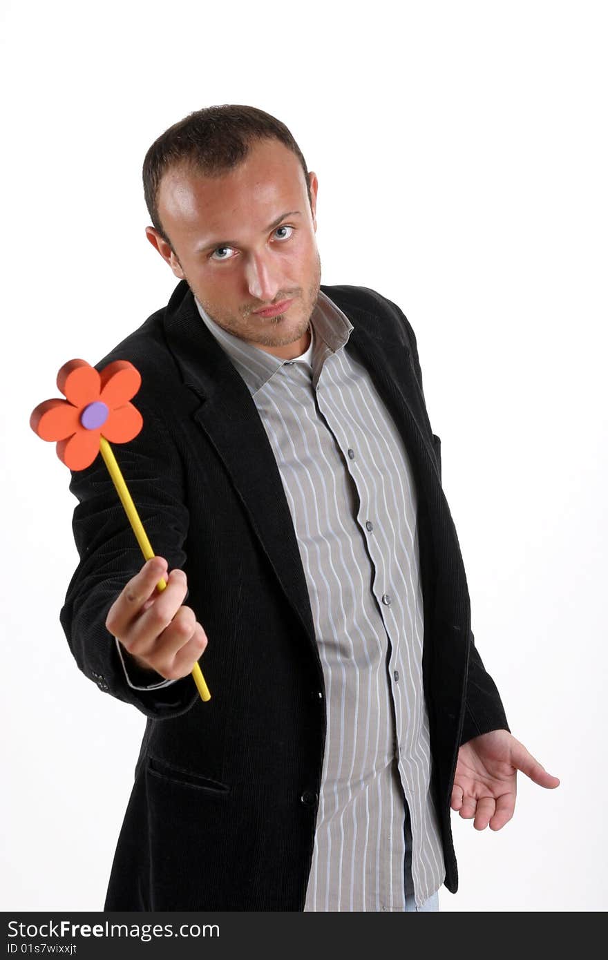 Bussinesman giving a wooden flower. Bussinesman giving a wooden flower